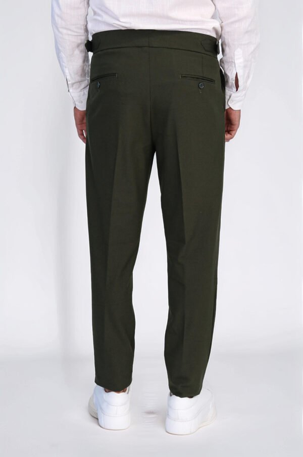 Khaki Double Pleated Buckled High Waist Slim Fit Trousers
