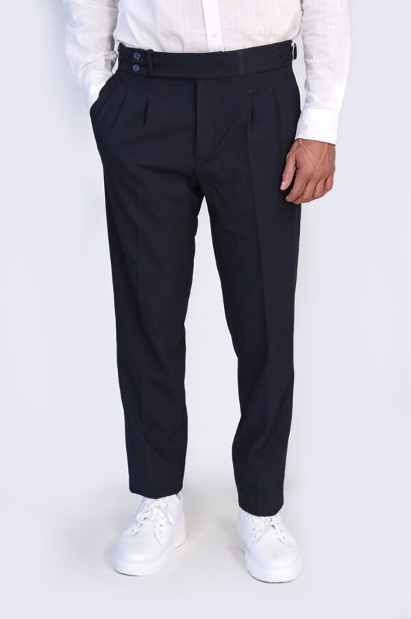 Navy Blue Double Pleated Buckled High Waist Slim Fit Trousers