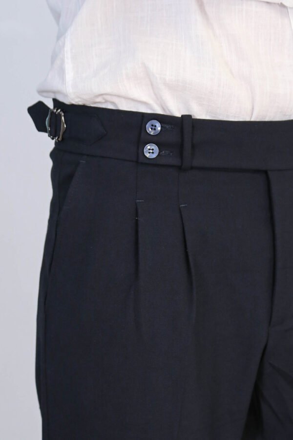 Navy Blue Double Pleated Buckled High Waist Slim Fit Trousers