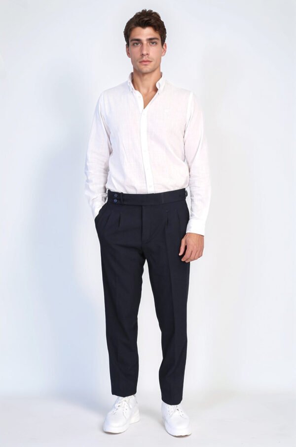 Navy Blue Double Pleated Buckled High Waist Slim Fit Trousers