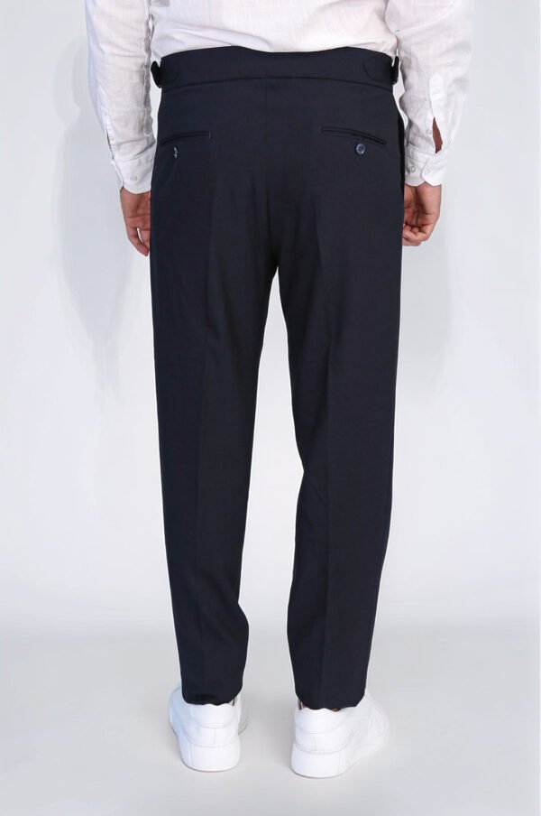 Navy Blue Double Pleated Buckled High Waist Slim Fit Trousers