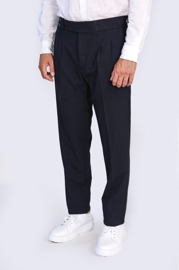 Navy Blue Double Pleated Buckled High Waist Slim Fit Trousers