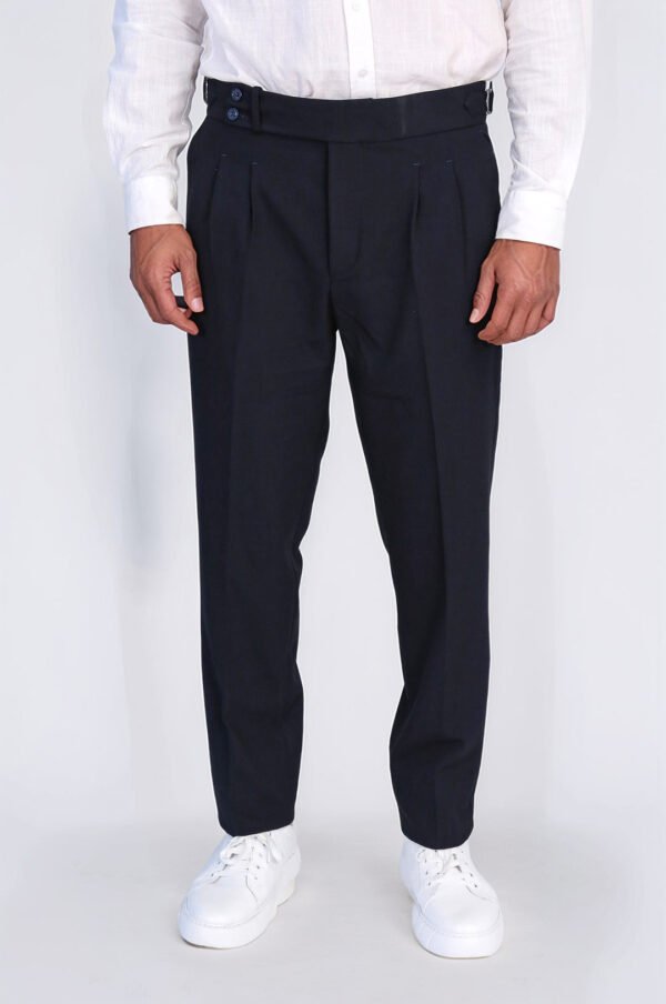 Navy Blue Double Pleated Buckled High Waist Slim Fit Trousers