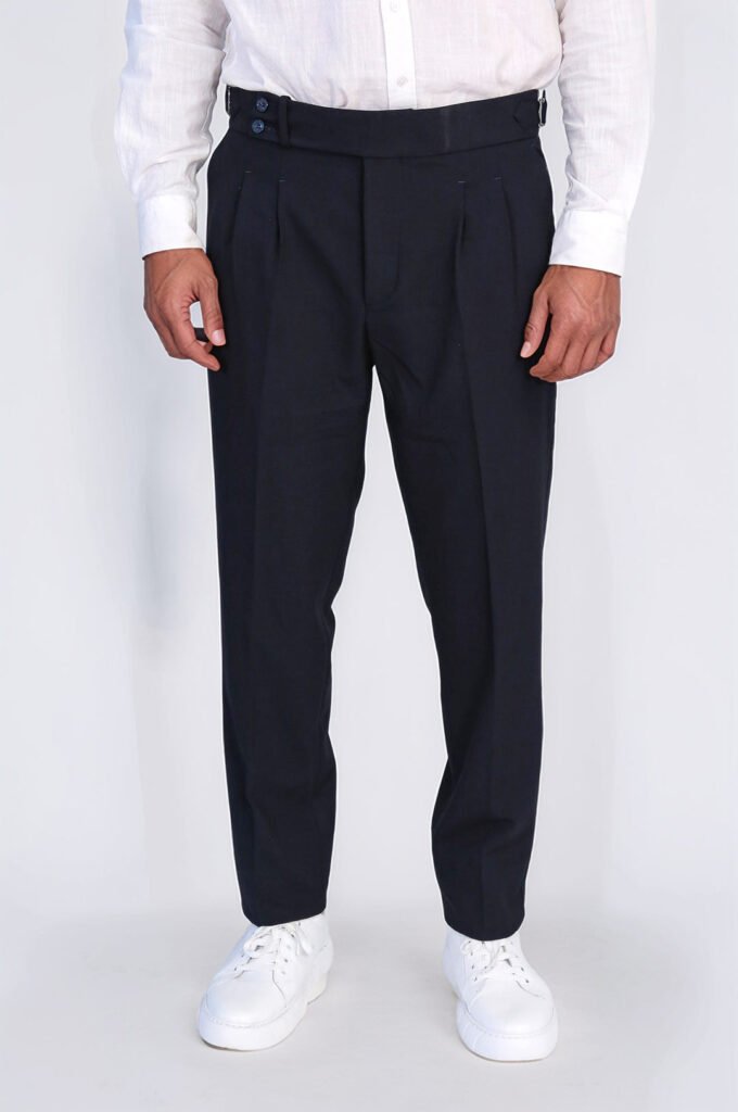 Navy Blue Double Pleated Buckled High Waist Slim Fit Trousers