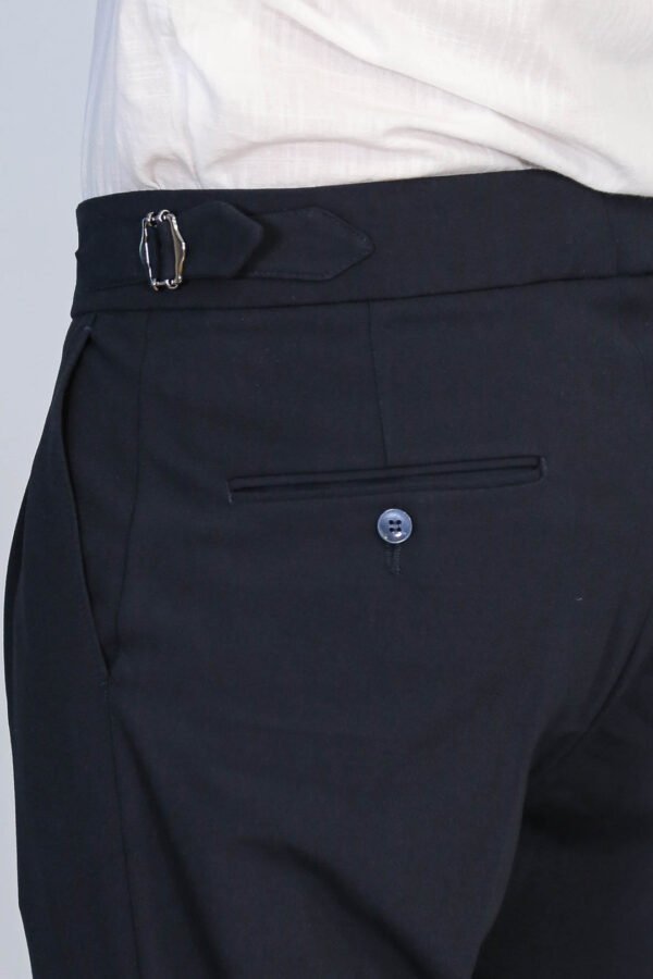 Navy Blue Double Pleated Buckled High Waist Slim Fit Trousers
