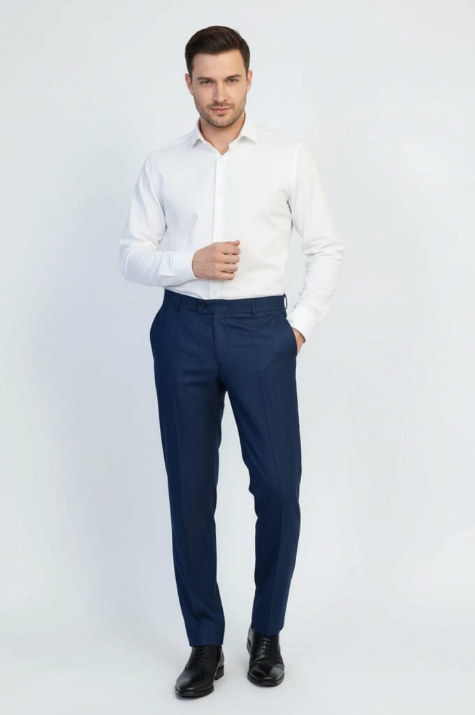 Navy Micro Patterned Slim Fit Fabric Trousers