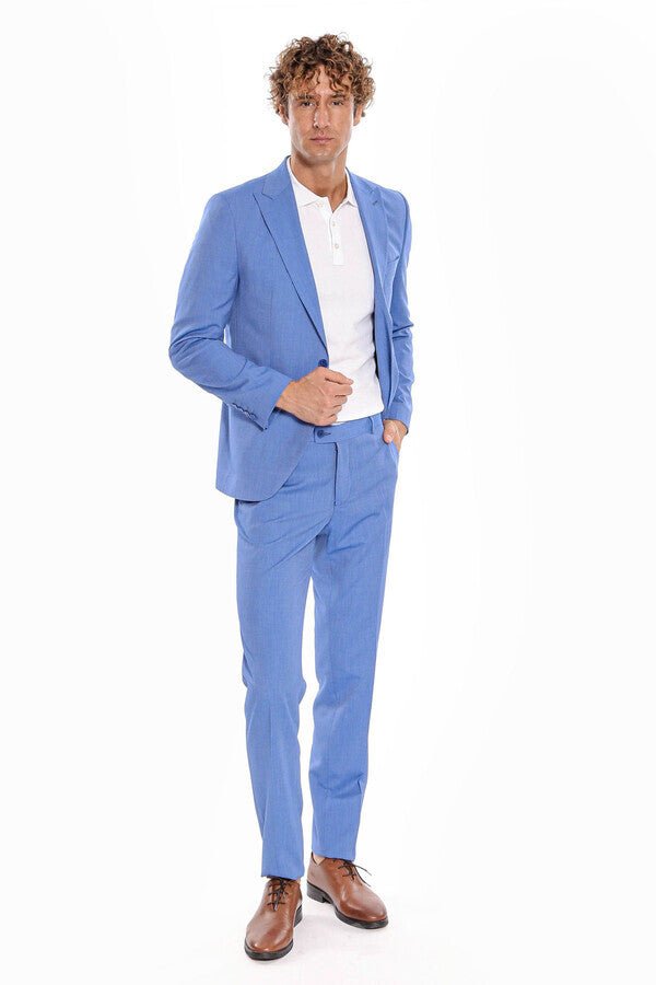 Patterned 2 Piece Slim Fit Light Blue Men Suit