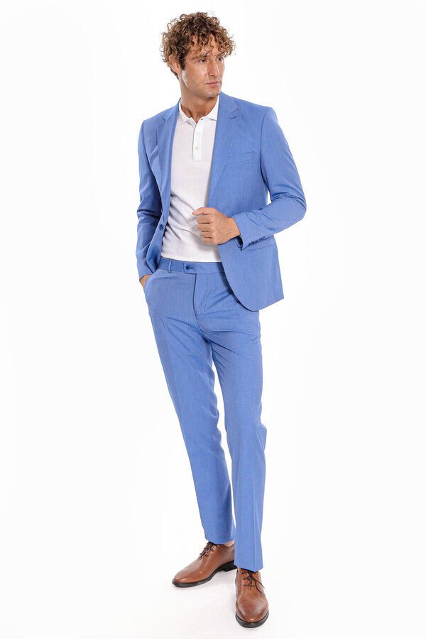 Patterned 2 Piece Slim Fit Light Blue Men Suit