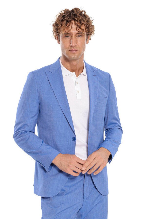 Patterned 2 Piece Slim Fit Light Blue Men Suit