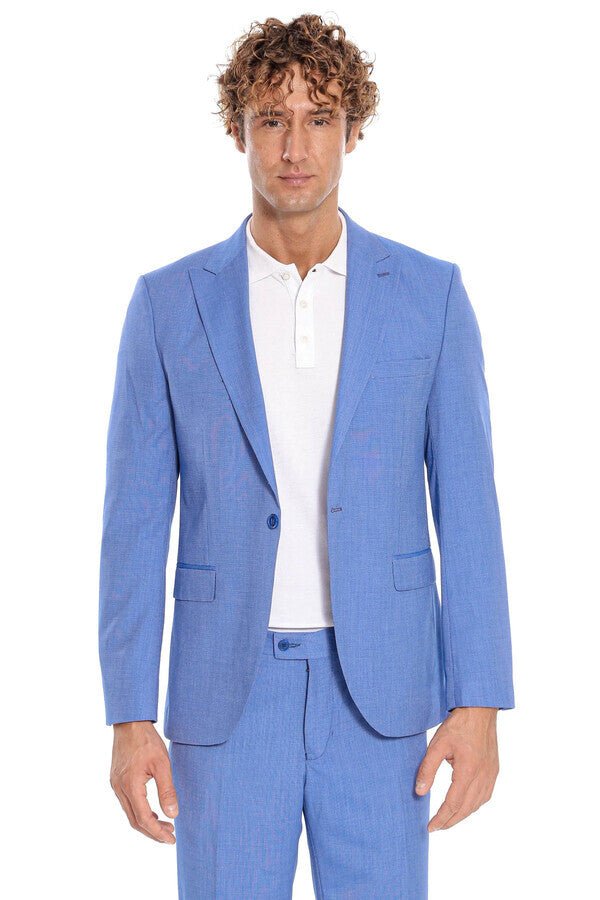 Patterned 2 Piece Slim Fit Light Blue Men Suit