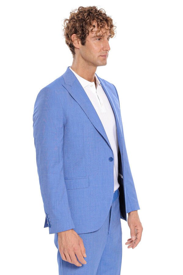 Patterned 2 Piece Slim Fit Light Blue Men Suit
