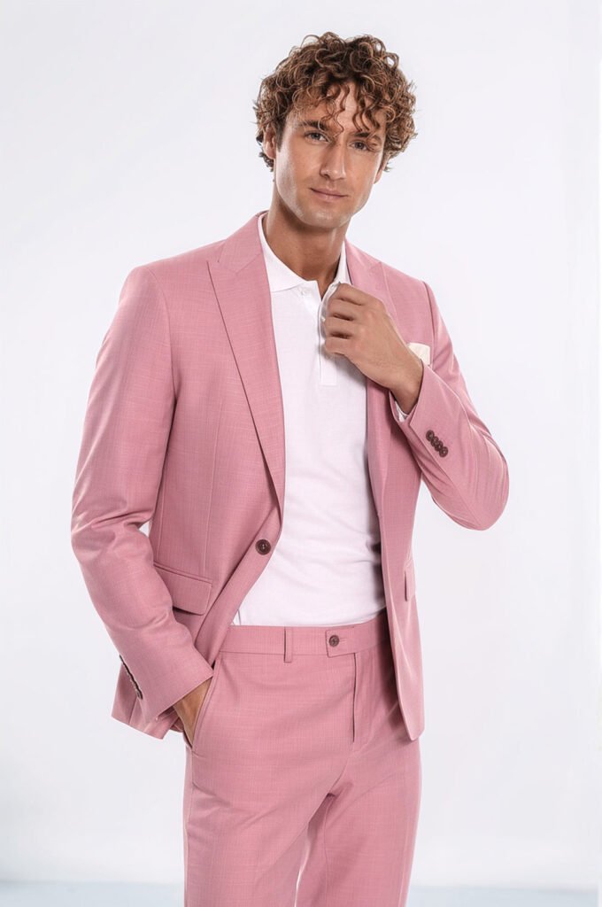 Patterned 2 Piece Slim Fit Pink Men Suit