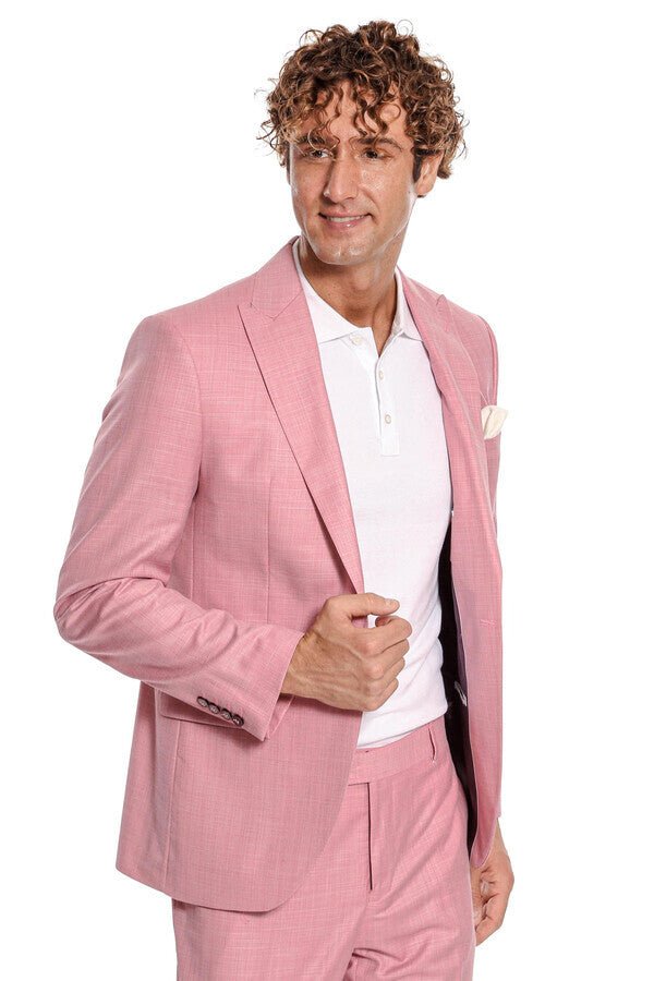Patterned 2 Piece Slim Fit Pink Men Suit