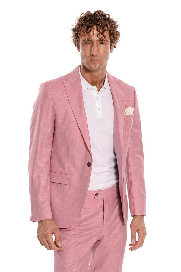 Patterned 2 Piece Slim Fit Pink Men Suit