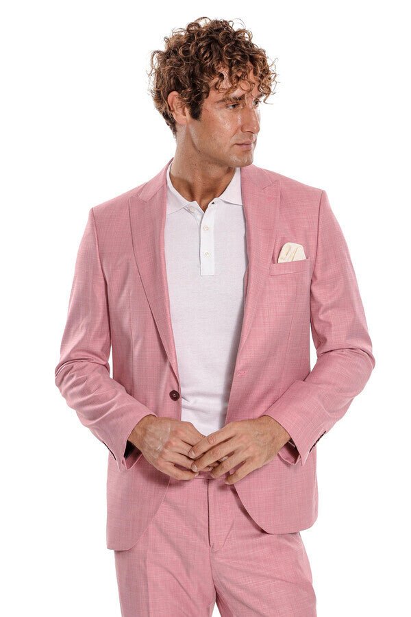 Patterned 2 Piece Slim Fit Pink Men Suit