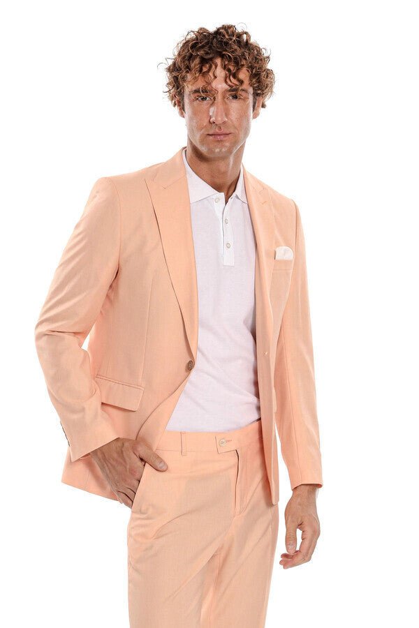 Patterned 2 Piece Slim Fit Yellow Men Suit