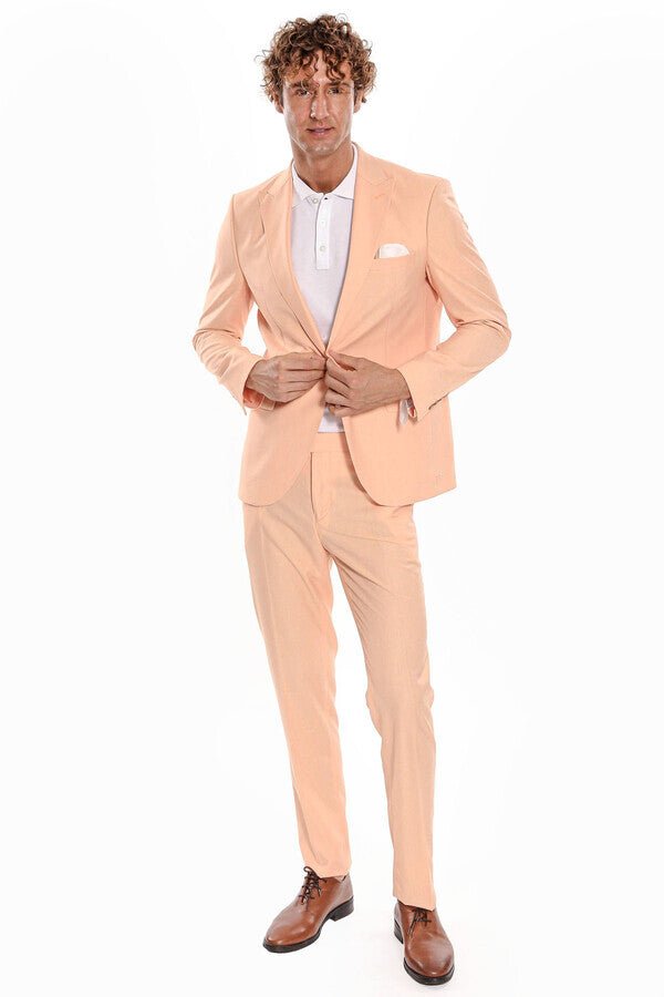 Patterned 2 Piece Slim Fit Yellow Men Suit