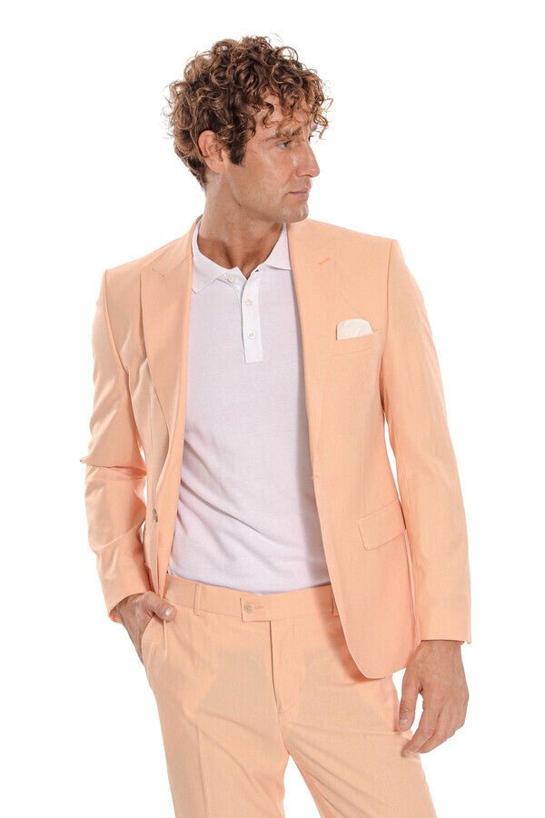 Patterned 2 Piece Slim Fit Yellow Men Suit