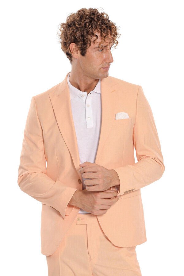 Patterned 2 Piece Slim Fit Yellow Men Suit