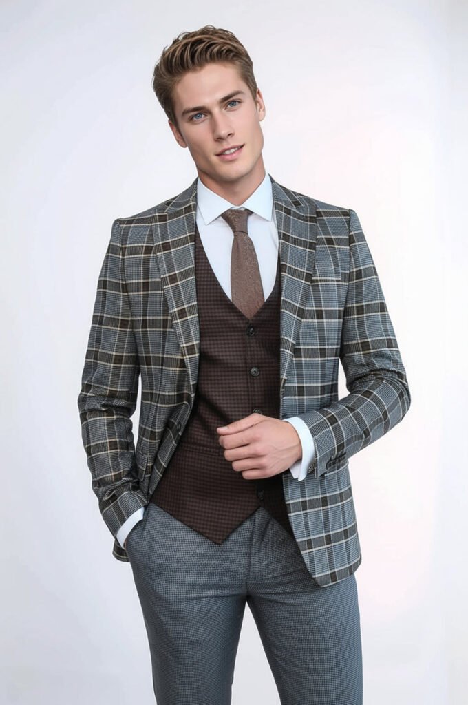 Patterned Checked Slim Fit Anthracite Men Suit