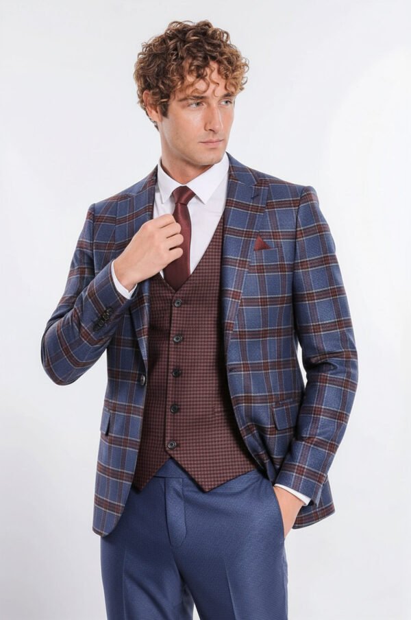 Patterned Checked Slim Fit Blue Men Suit