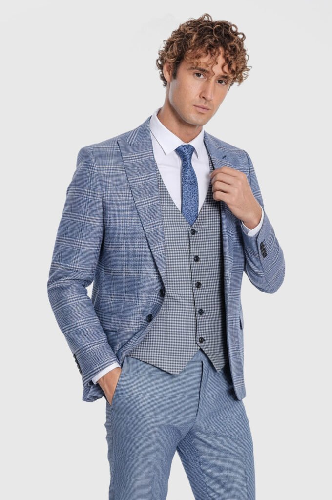 Patterned Checked Slim Fit Blue Men Suit