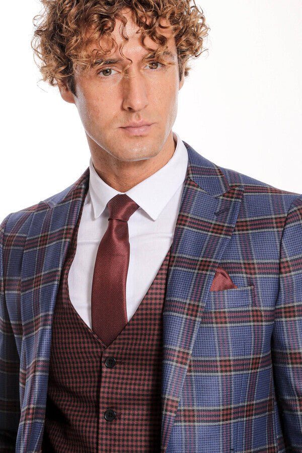 Patterned Checked Slim Fit Blue Men Suit