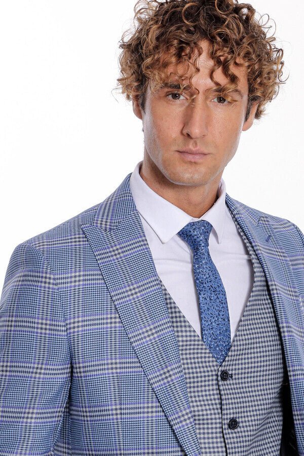 Patterned Checked Slim Fit Blue Men Suit