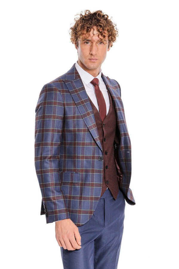 Patterned Checked Slim Fit Blue Men Suit
