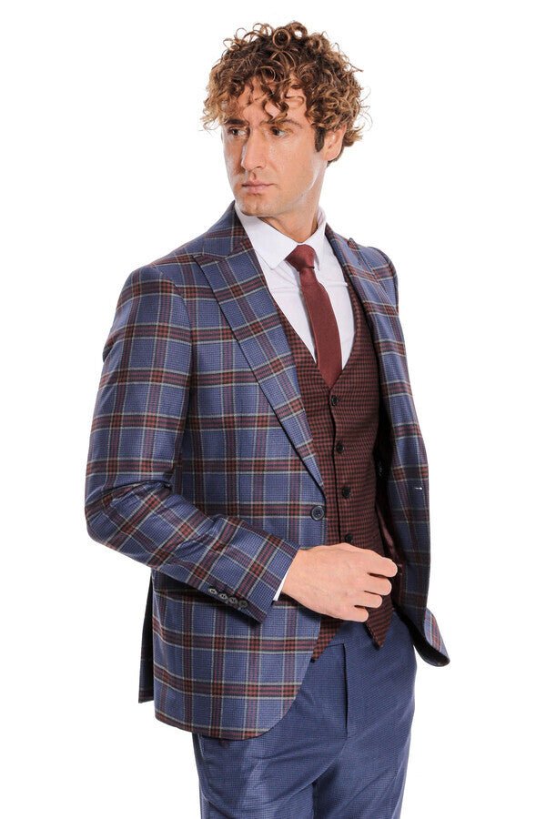 Patterned Checked Slim Fit Blue Men Suit