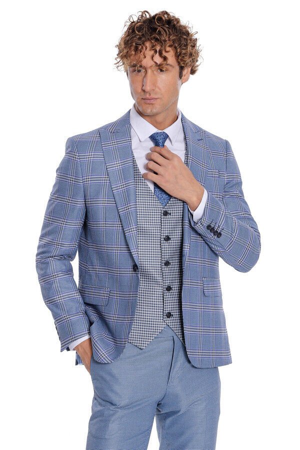 Patterned Checked Slim Fit Blue Men Suit