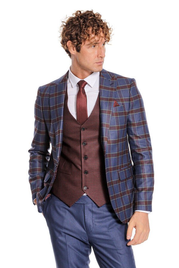 Patterned Checked Slim Fit Blue Men Suit