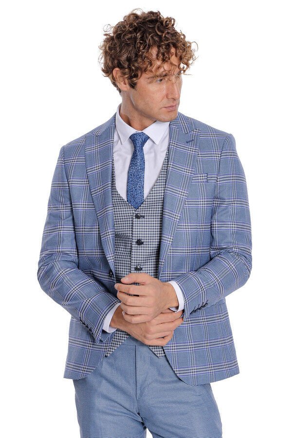 Patterned Checked Slim Fit Blue Men Suit