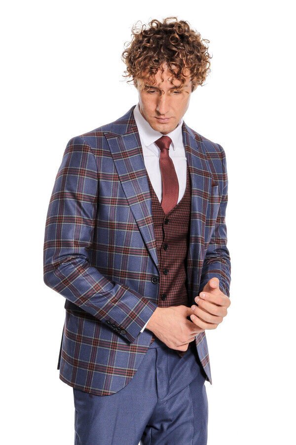 Patterned Checked Slim Fit Blue Men Suit