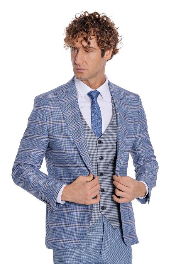 Patterned Checked Slim Fit Blue Men Suit