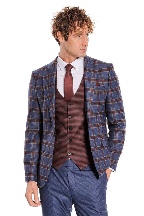 Patterned Checked Slim Fit Blue Men Suit