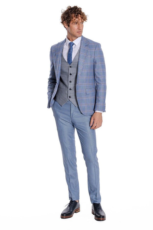Patterned Checked Slim Fit Blue Men Suit