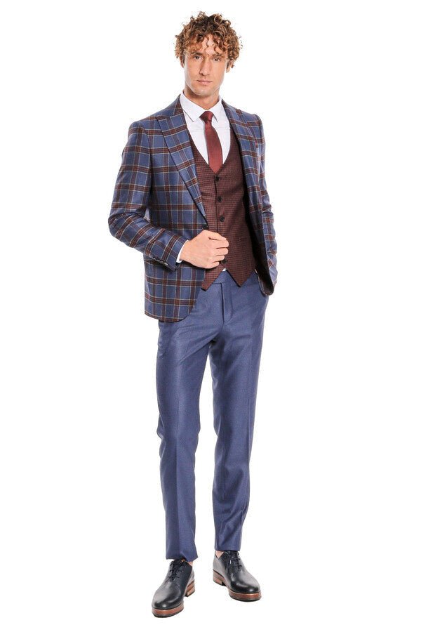 Patterned Checked Slim Fit Blue Men Suit