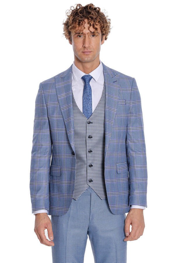 Patterned Checked Slim Fit Blue Men Suit