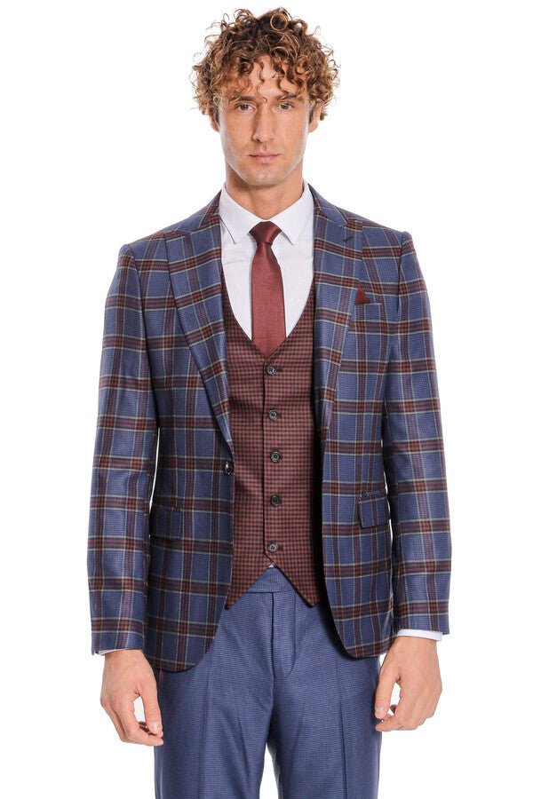 Patterned Checked Slim Fit Blue Men Suit