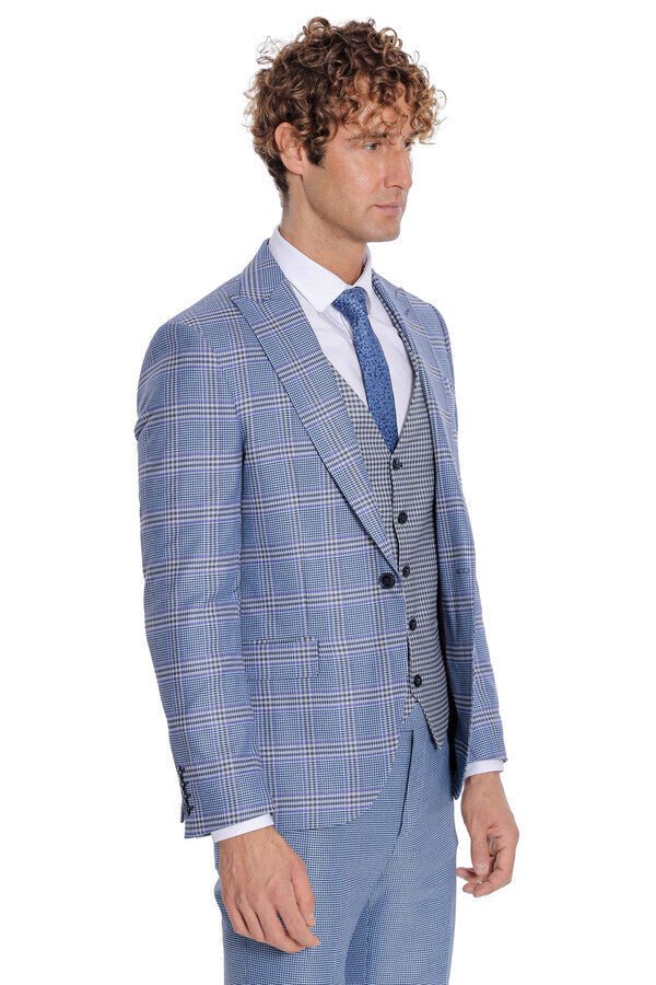 Patterned Checked Slim Fit Blue Men Suit