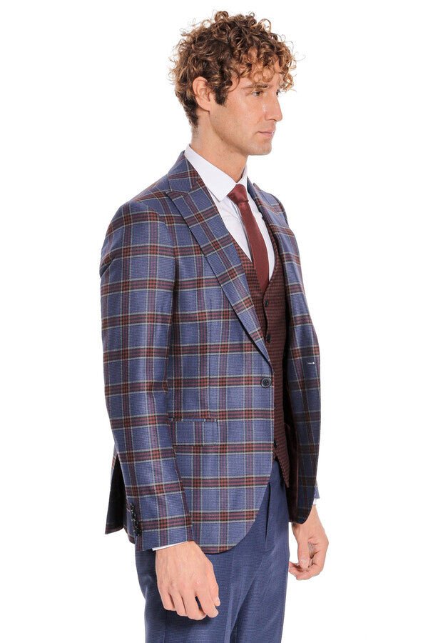 Patterned Checked Slim Fit Blue Men Suit