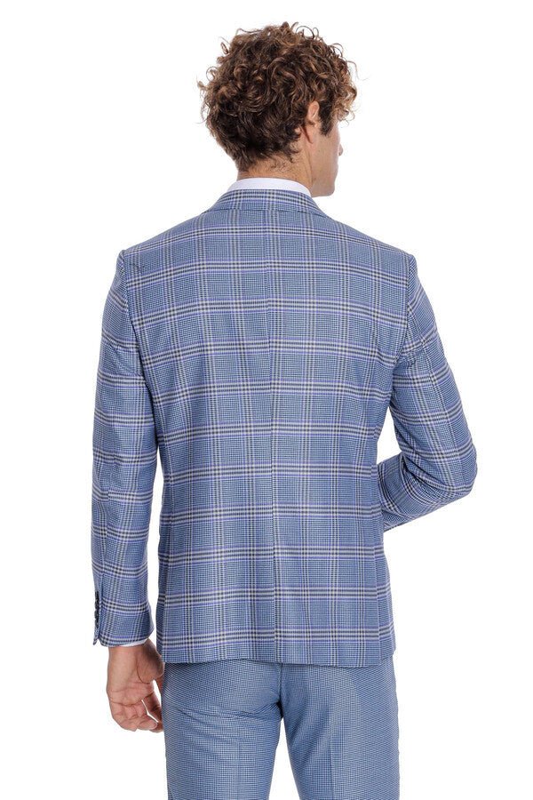Patterned Checked Slim Fit Blue Men Suit
