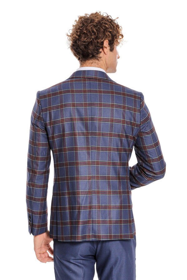 Patterned Checked Slim Fit Blue Men Suit