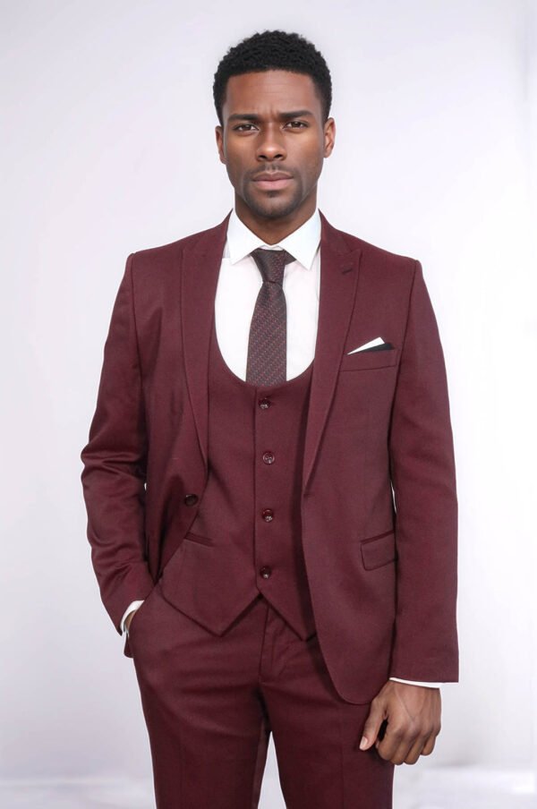 Patterned Claret Red Vested Suit