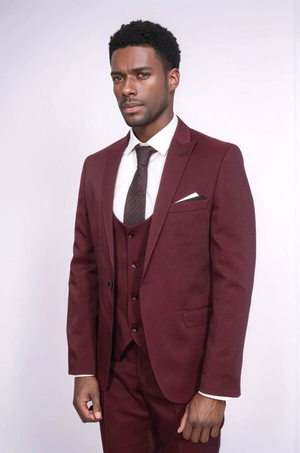 Patterned Claret Red Vested Suit
