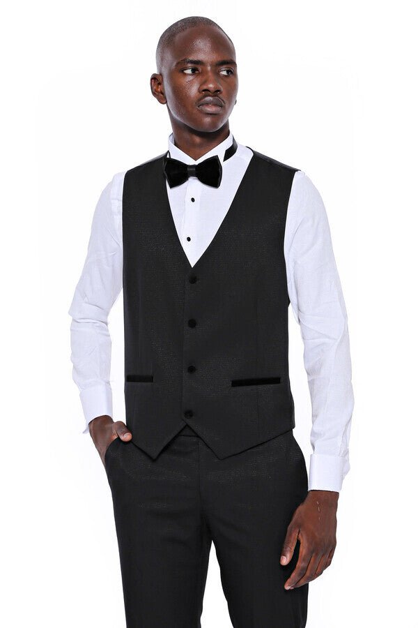 Patterned Velvet Lapel Black Men Tuxedo