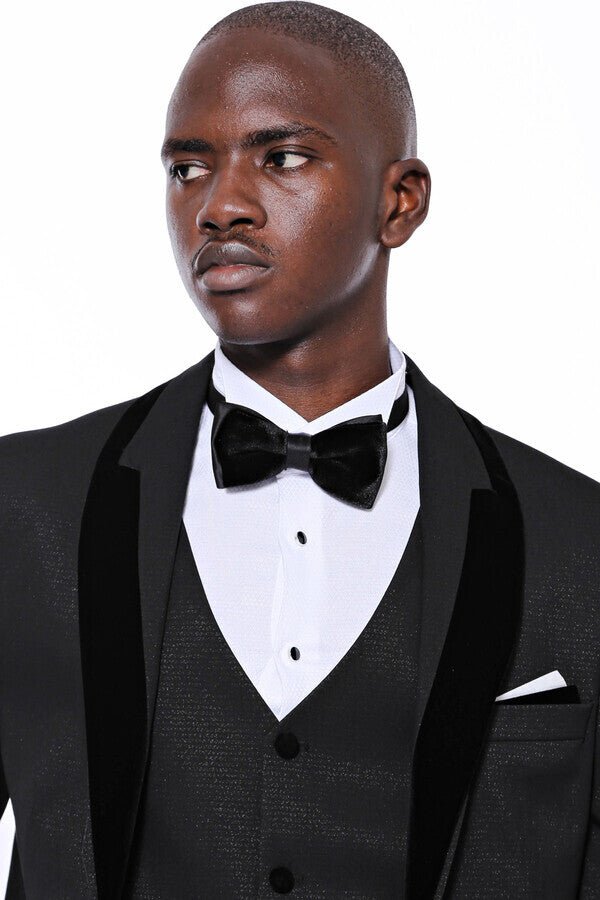 Patterned Velvet Lapel Black Men Tuxedo