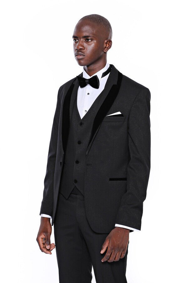 Patterned Velvet Lapel Black Men Tuxedo