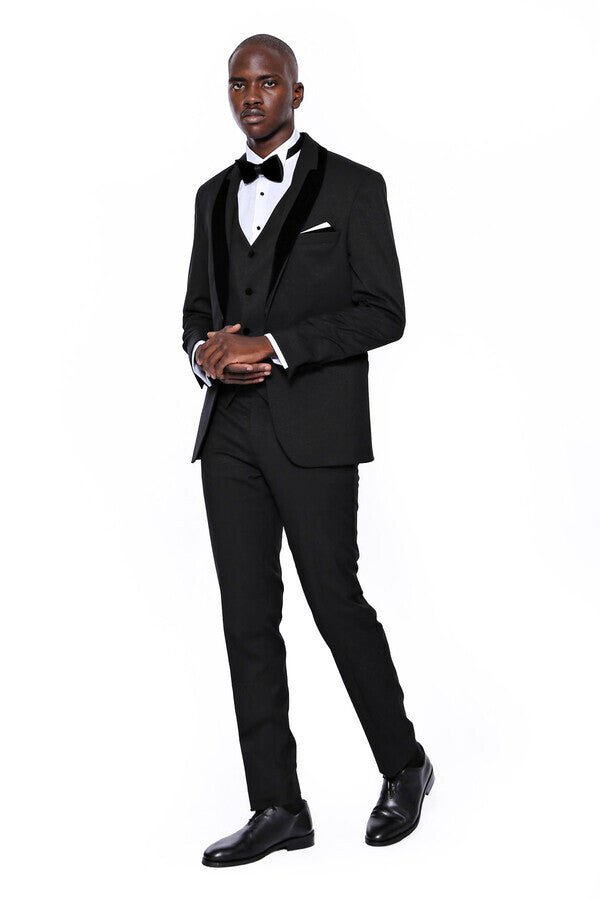 Patterned Velvet Lapel Black Men Tuxedo